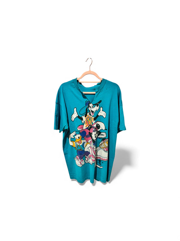 Vintage 90’s Disney Goofy / Mickey / Donald Tee — Distressed — Turquoise (XXL)