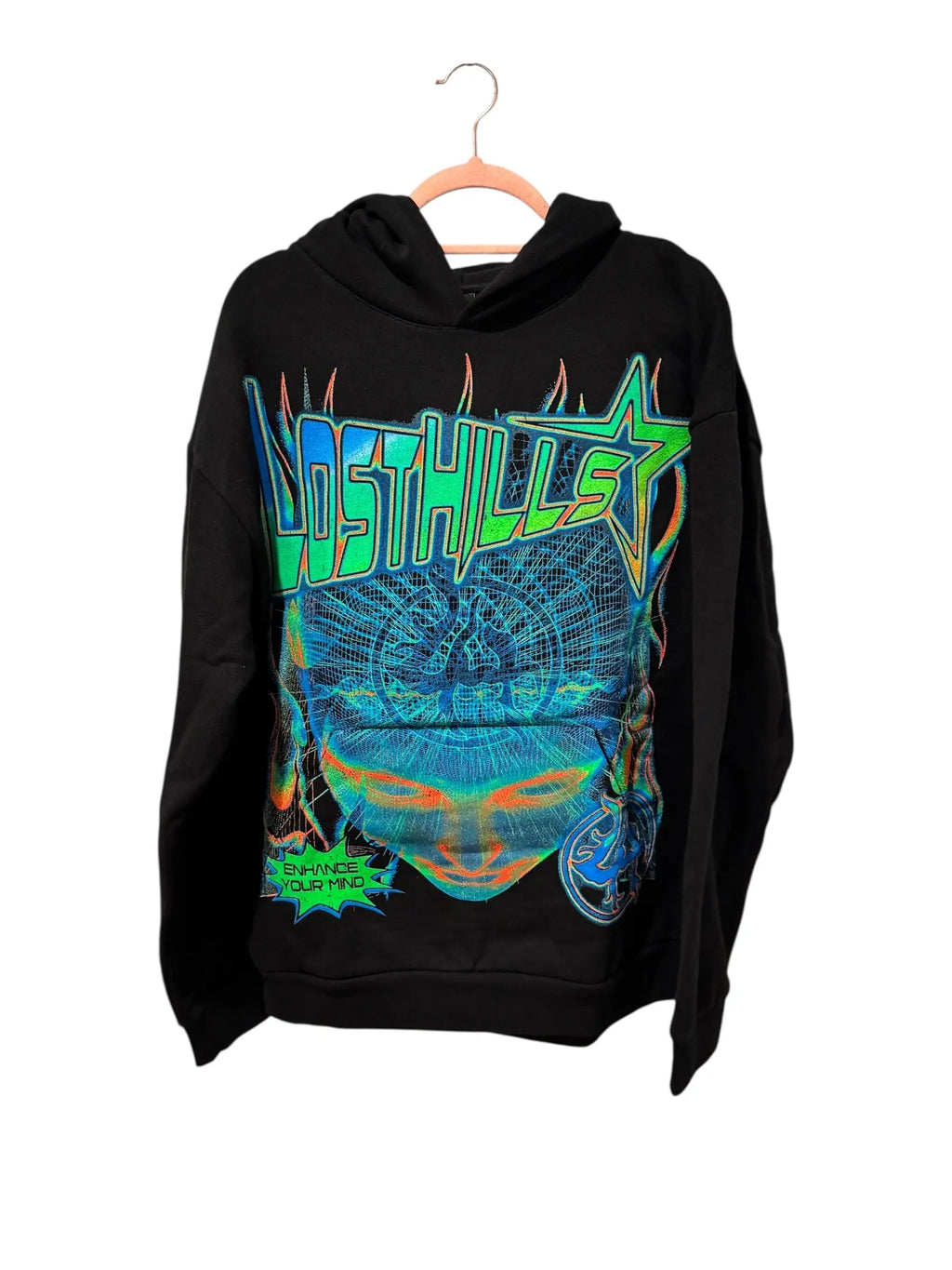 Lost Hills “Enhance Your Mind” Neon Graphic Hoodie – Black (L) Lost Hills