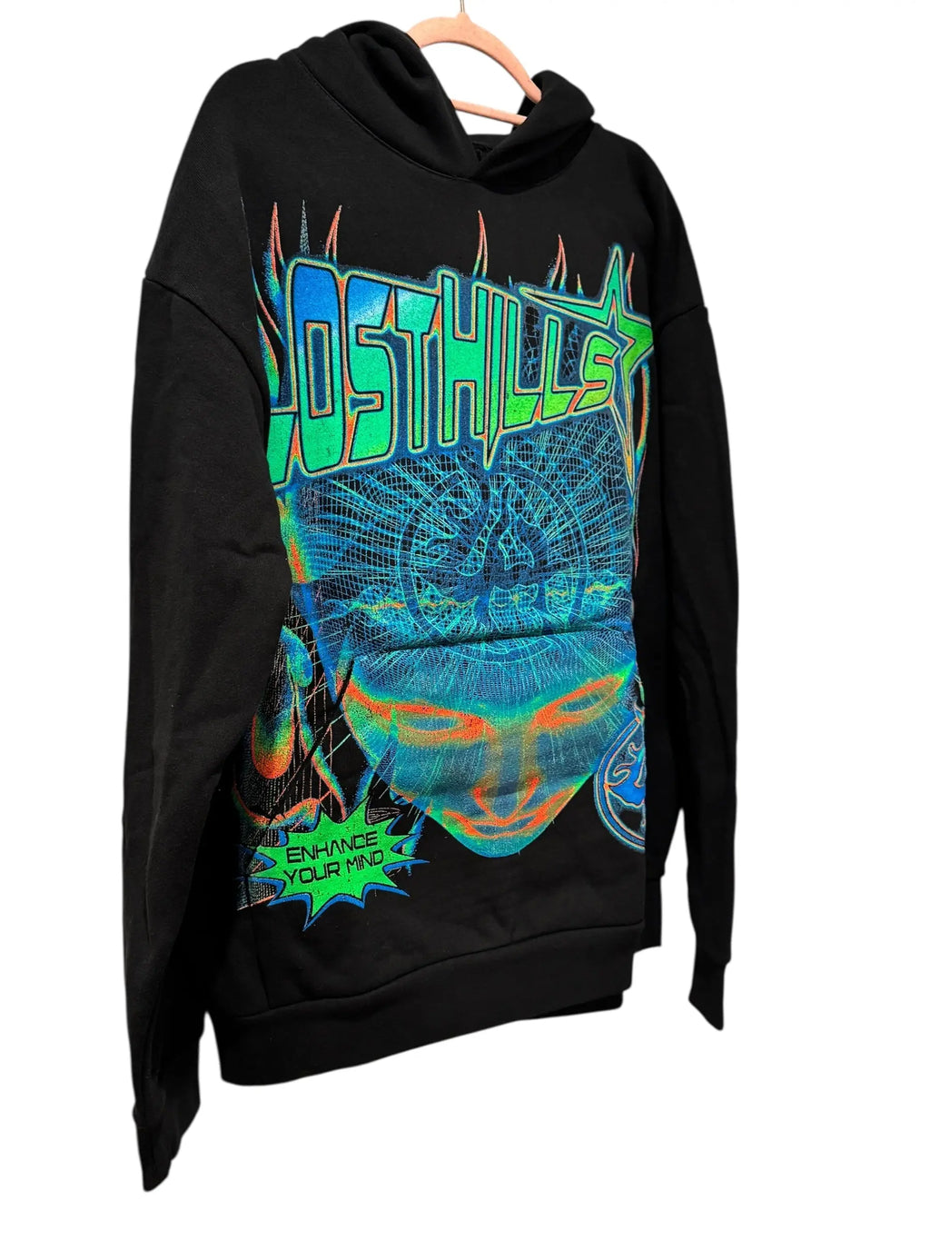 Lost Hills “Enhance Your Mind” Neon Graphic Hoodie – Black (L) Lost Hills