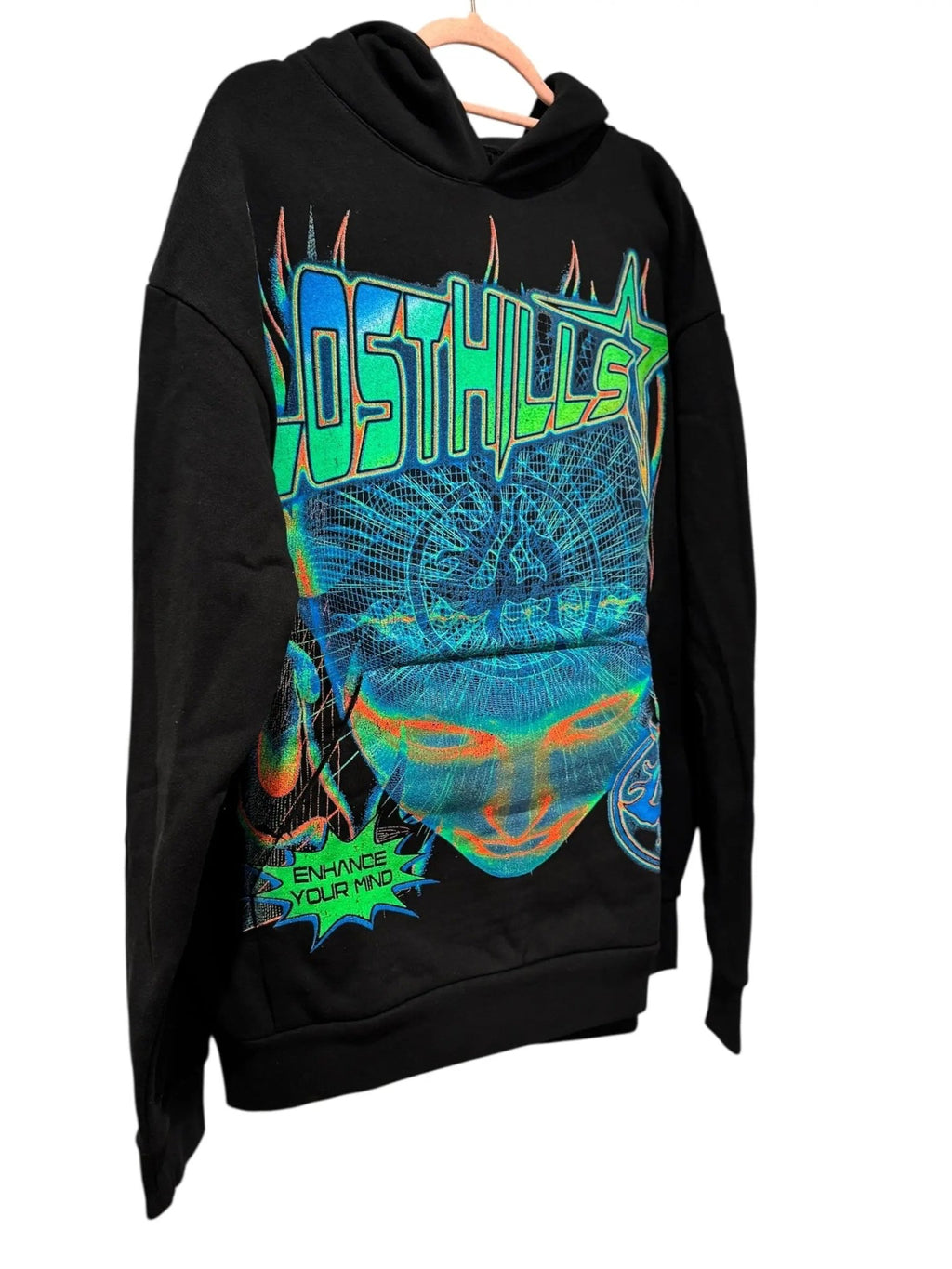 Lost Hills “Enhance Your Mind” Neon Graphic Hoodie – Black (L) - Still Threaded Apparel